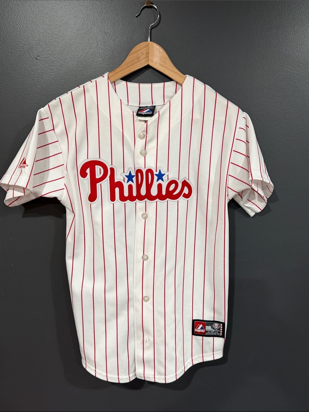 Majestic Phillies White Jersey with Red Pinstripes and Blue Stars